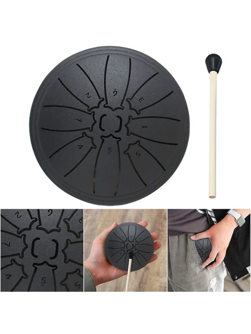 4" Steel Tongue Drum Handpan черный для медитации, перкуссия, черный, фото 4