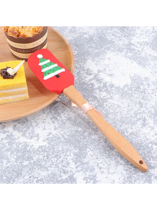 Кухонная силиконовая лопатка с деревянной ручкой, красная, красный