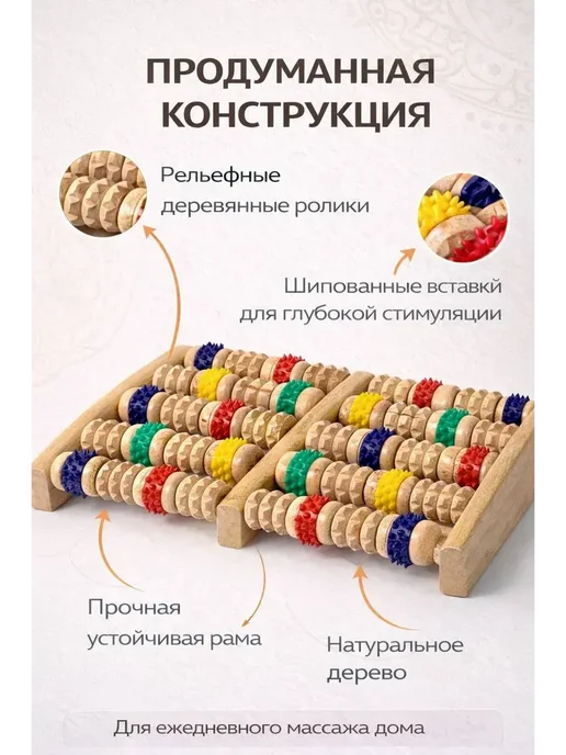 ГолдСтор Деревянный массажер для ног счеты с шипами антиотечный, бежевый, фото 4