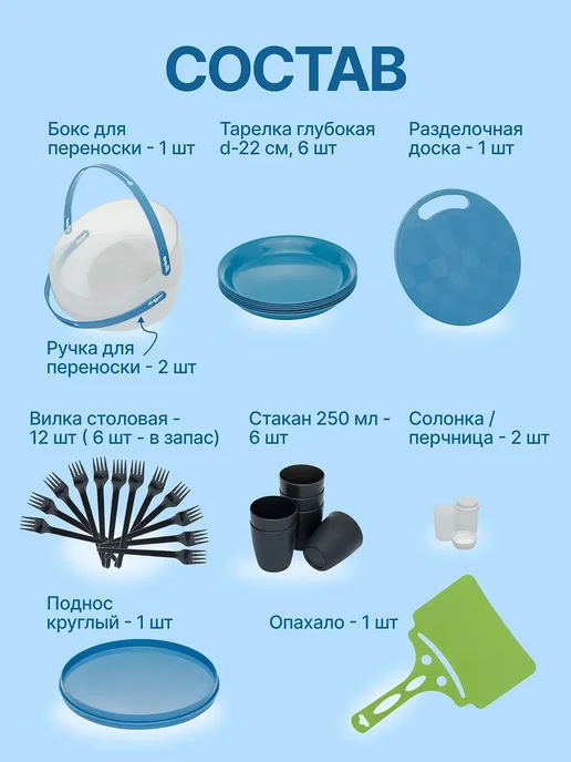 Набор для пикника на 6 персон пластиковая посуда, серый, фото 4