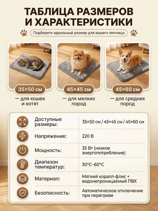 Электрогрелка лежанка для животных 45х45 см, 35–60℃, 60x45 см, фото 5