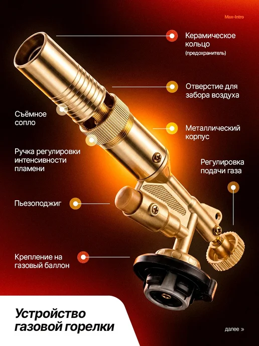 Горелка газовая с пьезоподжигом, туристическая, насадка на, желтый, фото 2