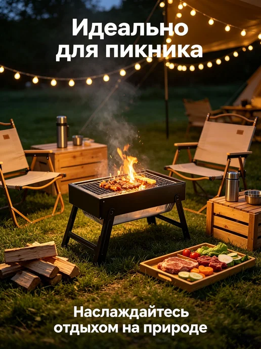 Разборный складной мангал для шашлыка, гриля и барбекю352219, черный