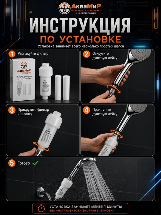 Фильтр для душа+2 сменных картриджа от жесткой воды и хлора многоразовый, черный, фото 5