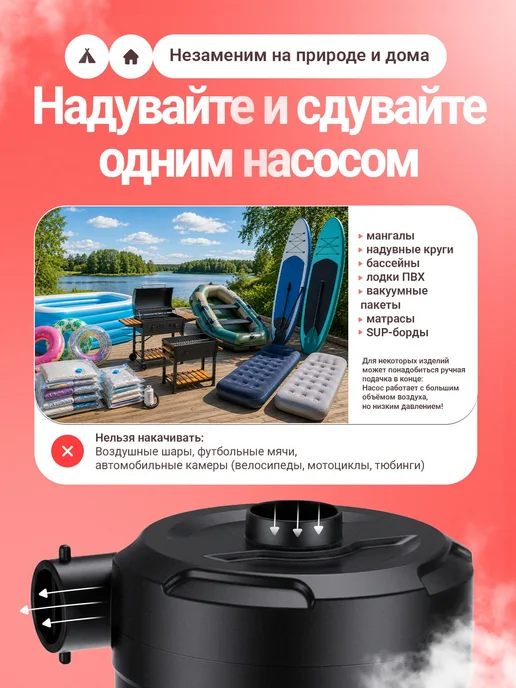 Электрический насос аккумуляторный для матраса лодки ПВХ, красный, фото 3
