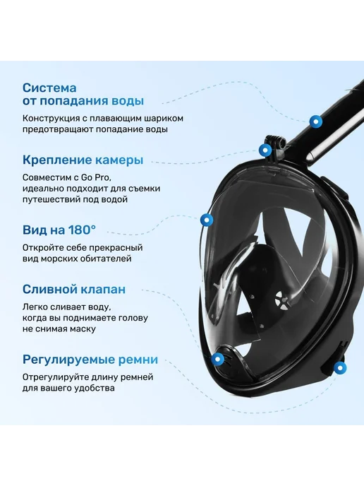 Подводная маска для плавания, полнолицевая маска для сноркли, черный, фото 7