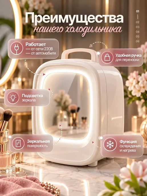 Холодильник для косметики с зеркалом, белый, фото 2
