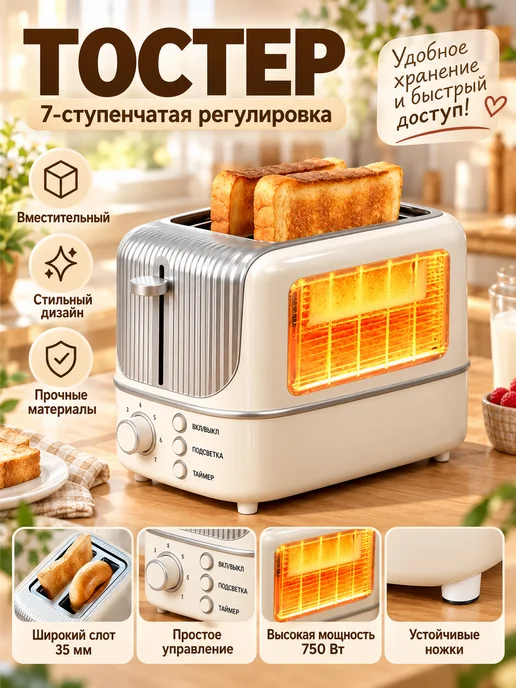 Тостер на 2 тоста 750 Вт, 7 степеней обжарки, подогрев, 750 Вт, фото 2