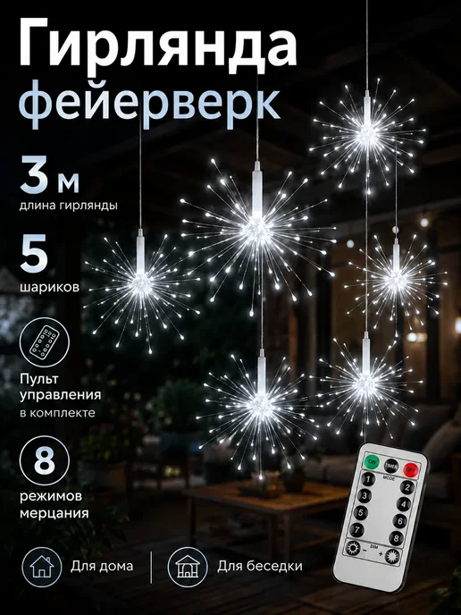 Новогодняя гирлянда фейерверк 3м, 3 м