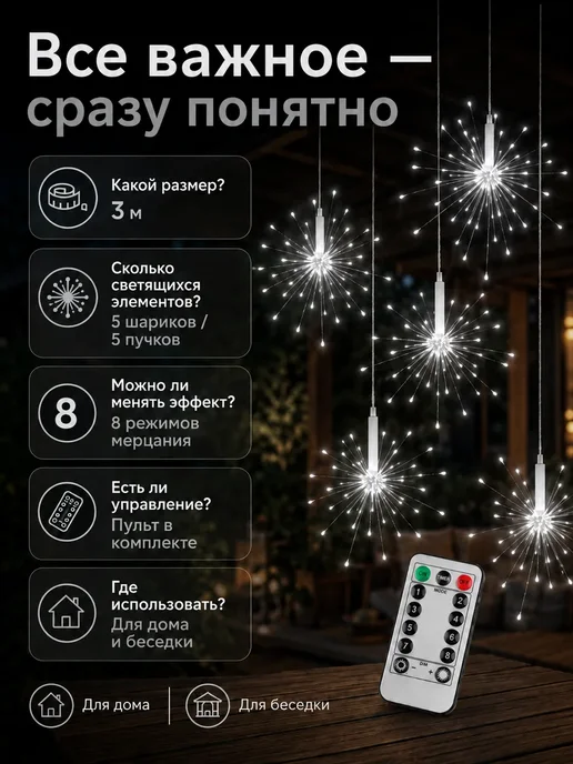 Новогодняя гирлянда фейерверк 3м, 3 м, фото 3