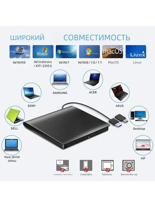 Внешний DVD привод USB 3.0 и Type-C пишущий CD DVD дисковод, вариант, фото 4
