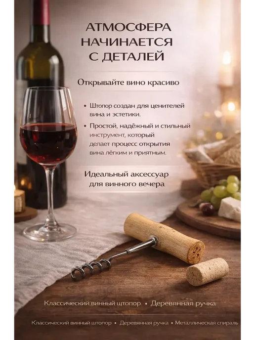 лами14 Классический ручной штопор для вина с деревянной ручкой, серый, фото 4