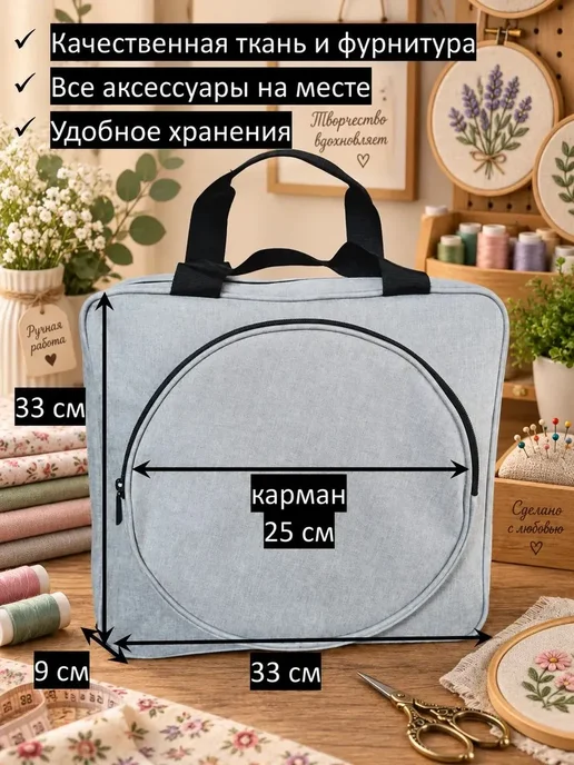 Сумка органайзер рукодельная для вышивки для пялец, серый, фото 3