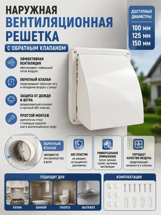 Наружная вентиляционная решетка ABS 100 125 150 мм, вытяжной, вариант