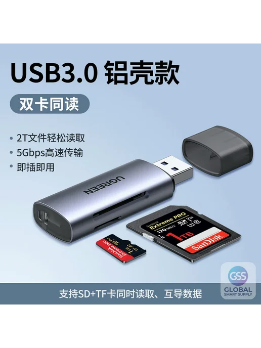 Нет бренда Картридер USB 3.0, USB-A + Type-C, одинарное чтение, серый