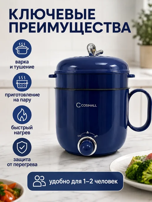 Мультиварка мини с пароваркой, электрическая кастрюля, синий, фото 2