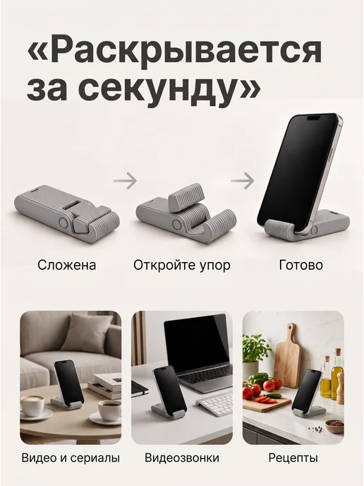 Подставка для телефона складная настольная мини, серый, фото 4