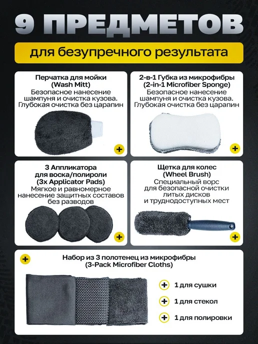 Набор из 9 микрофибровых автотряпок для мойки и ухода, вариант, фото 3