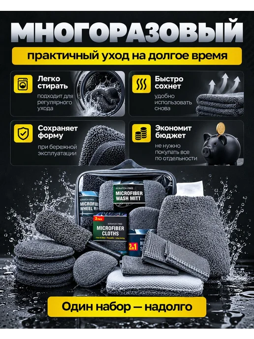 Набор из 9 микрофибровых автотряпок для мойки и ухода, вариант, фото 8