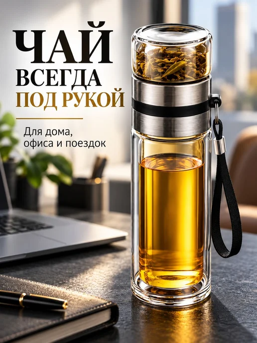 Термокружка 500 мл с крышкой-чашкой и ситечком, 500 мл, фото 2