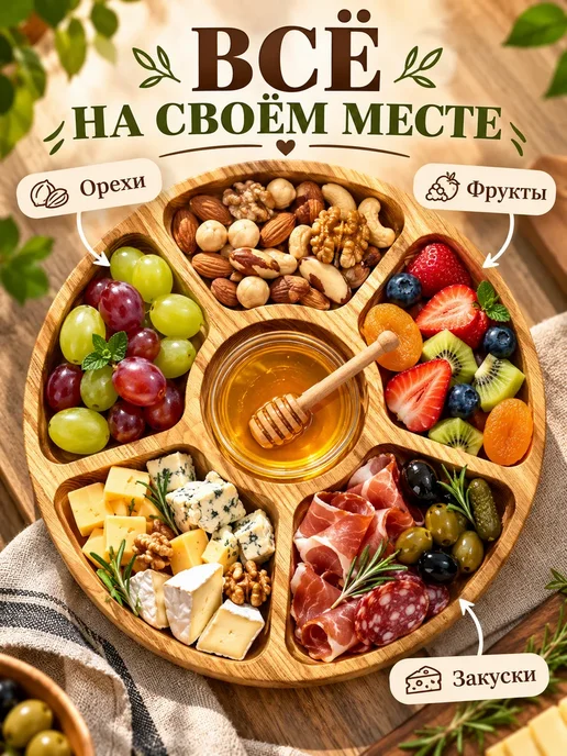 ТЕМА5 Менажница деревянная круглая 25 см для закусок и сервировки, бежевый, фото 2