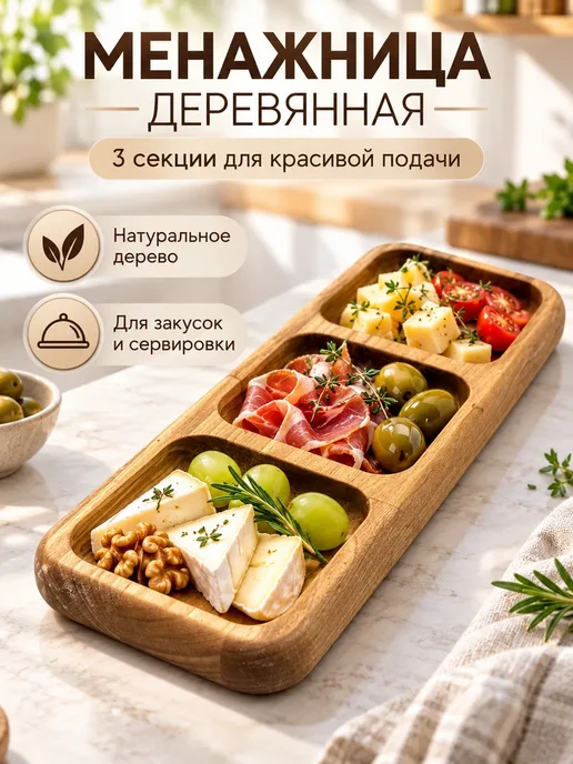 ТЕМА5 Менажница деревянная прямоугольная на 3 секции для закусок, бежевый
