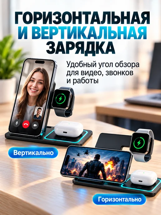 Беспроводная зарядная станция 3 в 1 складная 15 Вт, 15 Вт, фото 3