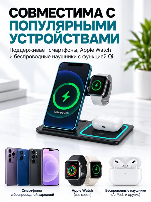 Беспроводная зарядная станция 3 в 1 складная 15 Вт, 15 Вт, фото 7