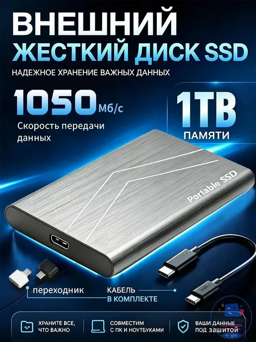 Внешний жесткий диск 1 ТБ портативный, 1 ТБ