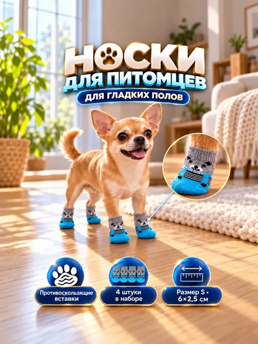 Носки для собак и кошек нескользящие S, 4 шт, мишки, 4 шт