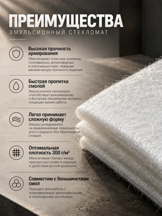 POLYCLUB Стекломат эмульсионный 300 гр на 2 м кв, 300 г, 2 м, фото 2