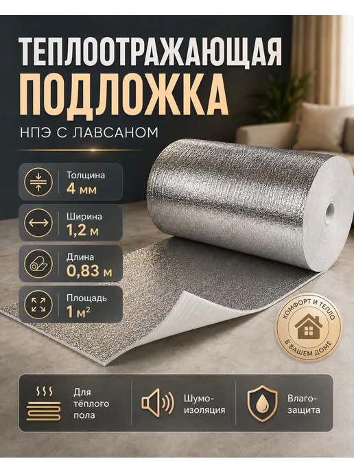 Подложка теплоотражающая 4 мм НПЭ лавсан 1м2 для теплого п, вариант