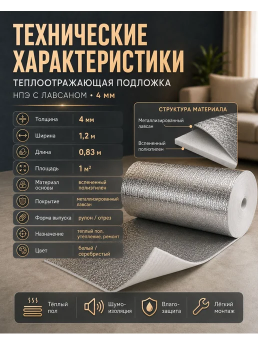 Подложка теплоотражающая 4 мм НПЭ лавсан 1м2 для теплого п, вариант, фото 3
