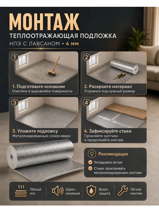 Подложка теплоотражающая 4 мм НПЭ лавсан 1м2 для теплого п, вариант, фото 4