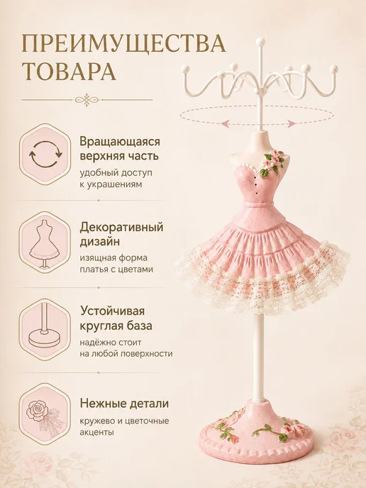 Нет бренда Подставка для украшений, розовая, 25 см, розовый, фото 4
