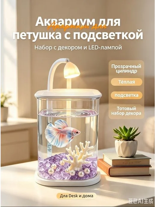 Аквариум для петушка с подсветкой, готовый набор с декором и, вариант