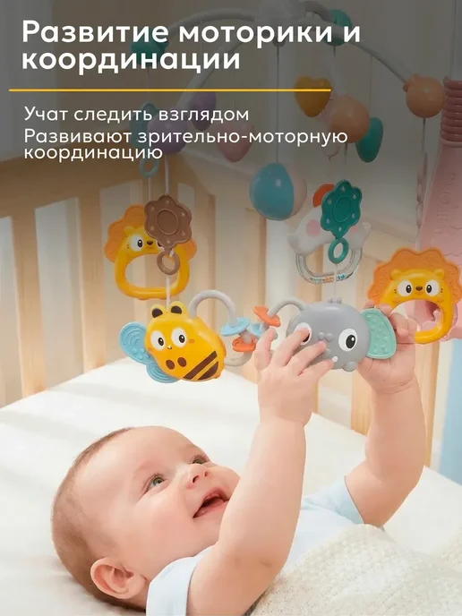мобиль музыкальный на кроватку для новорожденных, серый, фото 5
