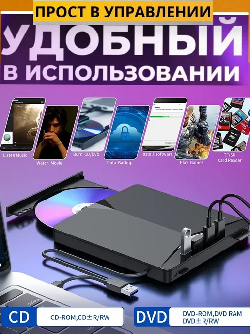 Внешний дисковод для ПК ноутбука CD RW оптический привод, вариант, фото 6