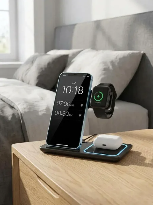 Беспроводная зарядка для IPhone Беспроводная станция 3в1, серый, фото 3