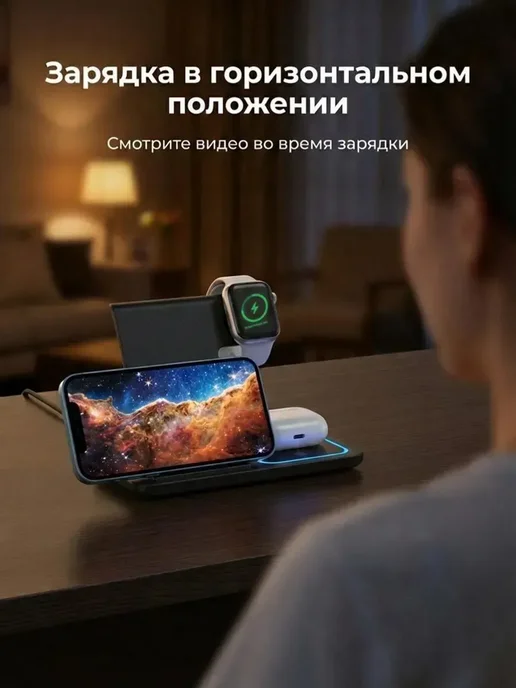 Беспроводная зарядка для IPhone Беспроводная станция 3в1, серый, фото 5