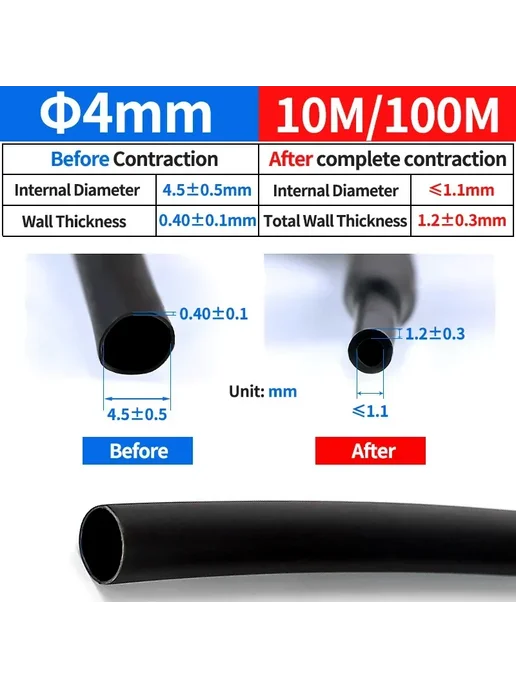 Нет бренда Теплоусадочная трубка 4mm, 10m, черная, черный