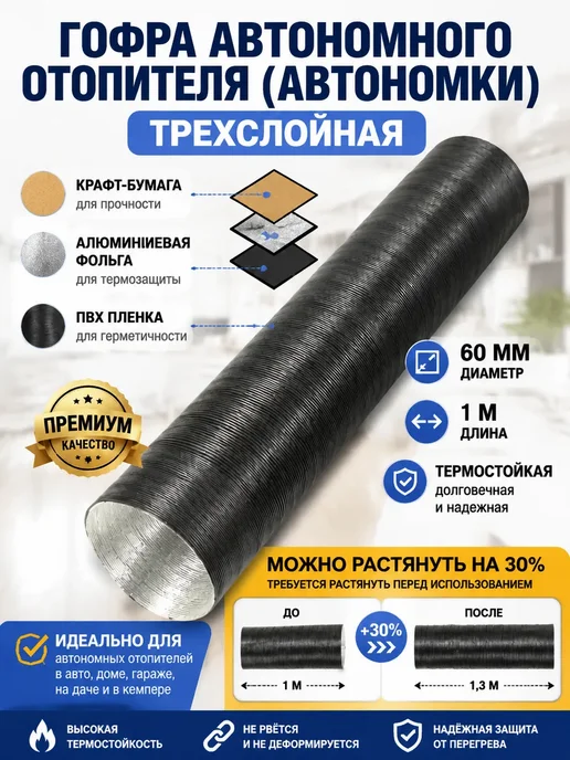 Воздуховод для автономного отопителя гофра 60 мм, вариант