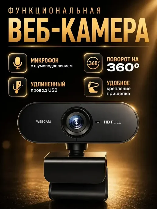 Веб камера для пк, камера для компьютера с микрофоном Full H, черный, фото 2