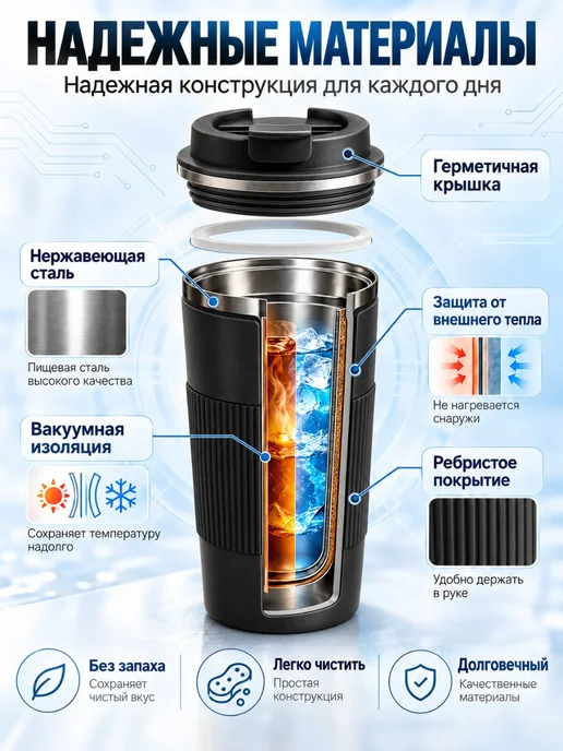 Термокружка с откидной крышкой 500 мл, 500 мл, фото 5