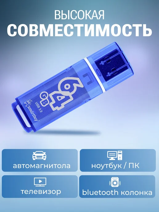 Флешка Smartbuy Glossy 128 ГБ USB 3.0 синяя, 64 ГБ, фото 2