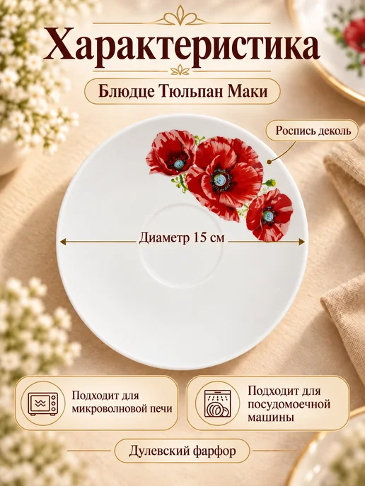 Дулевский фарфор Блюдце фарфоровое 150мм Маки, белый, фото 2