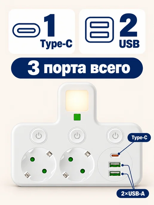 Розеточный блок на 2 розетки с USB Type-C и выключателями, белый, фото 3