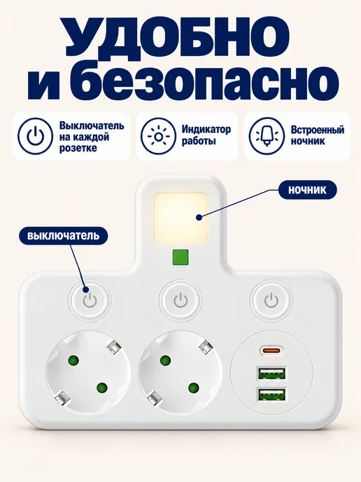 Розеточный блок на 2 розетки с USB Type-C и выключателями, белый, фото 4