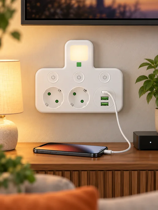 Розеточный блок на 2 розетки с USB Type-C и выключателями, белый, фото 5