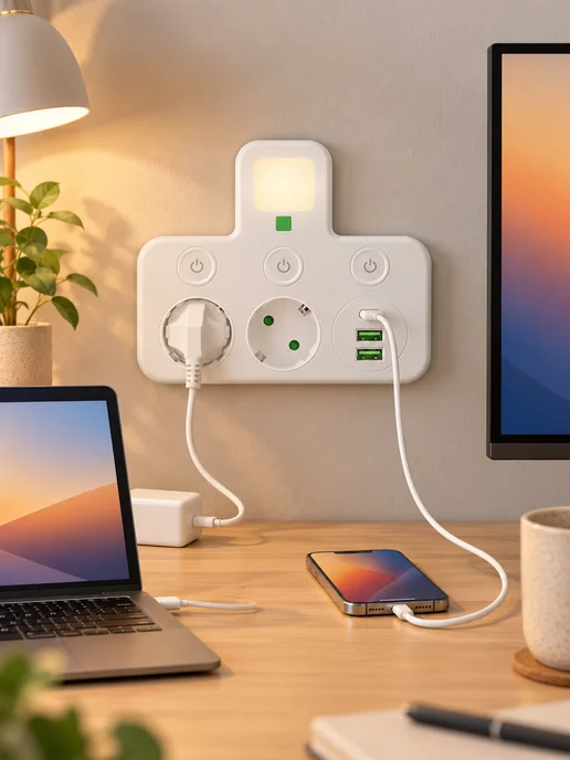 Розеточный блок на 2 розетки с USB Type-C и выключателями, белый, фото 6